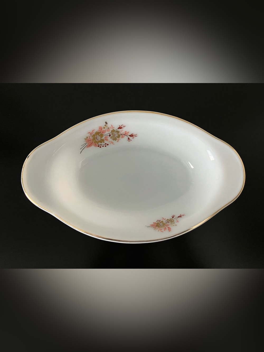 Vintage Superex Milk Glass Serving Dish with Pink Floral Accents and Gold Trim
